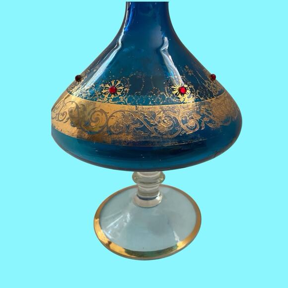 VTG Italian Venetian Murano Aqua Blue Glass Gold Gilt Red Jewels Ewer Decanter - Picture 5 of 16